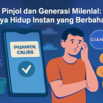 Ilustrasi digital modern yang menggambarkan bahaya pinjaman online (Pinjol) bagi generasi milenial, dengan seorang pemuda cemas dan smartphone yang menampilkan tombol pinjaman serta ikon-ikon finansial dalam palet warna biru yang cerah.
