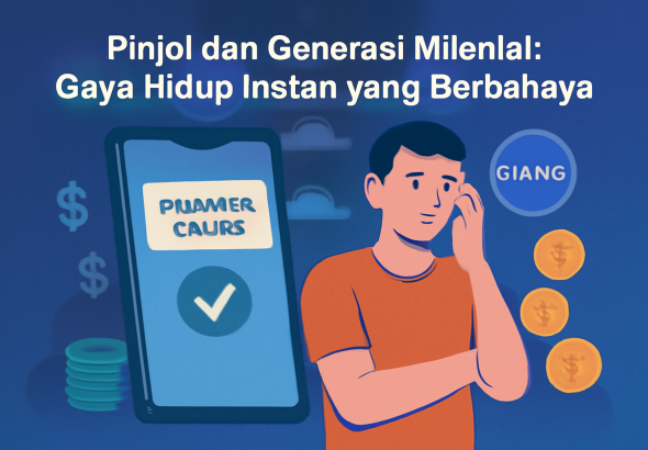 Ilustrasi digital modern yang menggambarkan bahaya pinjaman online (Pinjol) bagi generasi milenial, dengan seorang pemuda cemas dan smartphone yang menampilkan tombol pinjaman serta ikon-ikon finansial dalam palet warna biru yang cerah.