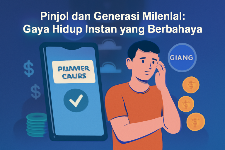 Ilustrasi digital modern yang menggambarkan bahaya pinjaman online (Pinjol) bagi generasi milenial, dengan seorang pemuda cemas dan smartphone yang menampilkan tombol pinjaman serta ikon-ikon finansial dalam palet warna biru yang cerah.