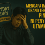 Ilustrasi digital tentang penyebab banyak orang terjebak pinjaman online (pinjol), menampilkan simbol smartphone, uang digital, dan jebakan utang.