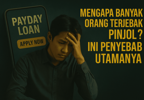 Ilustrasi digital tentang penyebab banyak orang terjebak pinjaman online (pinjol), menampilkan simbol smartphone, uang digital, dan jebakan utang.