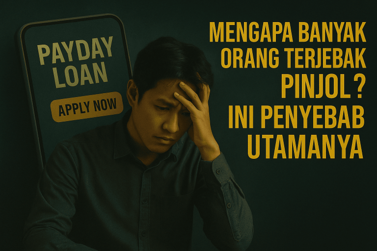 Ilustrasi digital tentang penyebab banyak orang terjebak pinjaman online (pinjol), menampilkan simbol smartphone, uang digital, dan jebakan utang.
