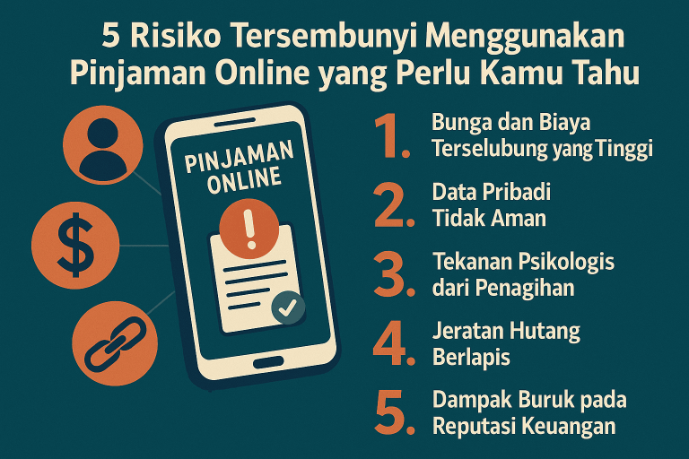 Ilustrasi perbandingan pinjol legal dengan simbol OJK dan dokumen resmi berwarna hijau, versus pinjol ilegal dengan tanda bahaya dan warna merah gelap.