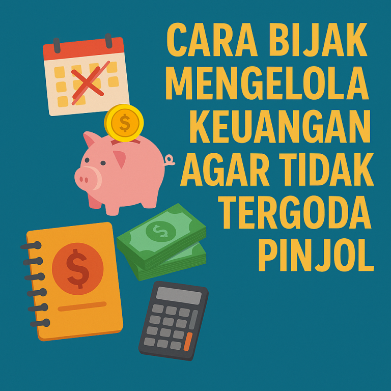 celengan babi, kalkulator, uang tunai, buku catatan, serta teks besar 'Cara Bijak Mengelola Keuangan agar Tidak Tergoda Pinjol' di atas latar biru.
