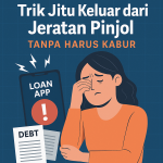 Ilustrasi modern pria dan wanita berhasil keluar dari jeratan pinjol, rantai simbol rupiah terputus dengan smartphone di latar belakang, nuansa biru-hijau futuristik.