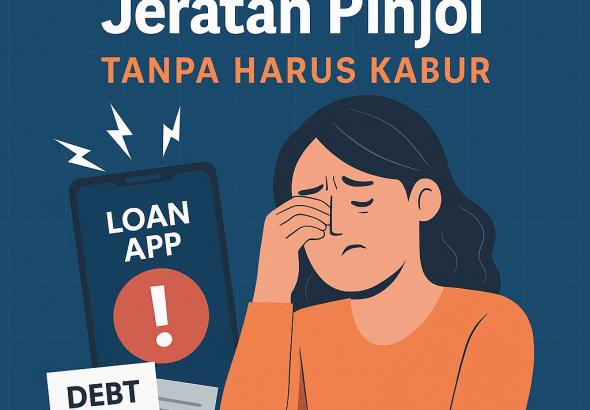 Ilustrasi modern pria dan wanita berhasil keluar dari jeratan pinjol, rantai simbol rupiah terputus dengan smartphone di latar belakang, nuansa biru-hijau futuristik.