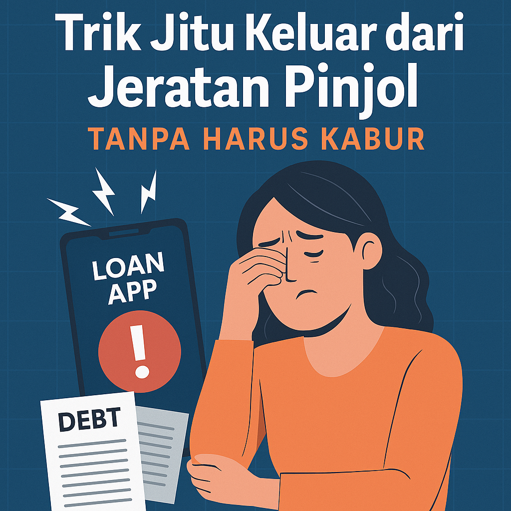 Ilustrasi modern pria dan wanita berhasil keluar dari jeratan pinjol, rantai simbol rupiah terputus dengan smartphone di latar belakang, nuansa biru-hijau futuristik.
