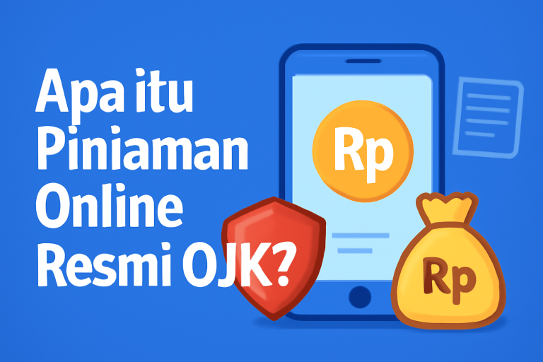 Apa itu Pinjaman Online Resmi OJK?" di latar belakang biru, dengan simbol Rupiah besar di layar ponsel, tas uang kuning, perisai merah dengan tanda centang, dan ikon dokumen biru.