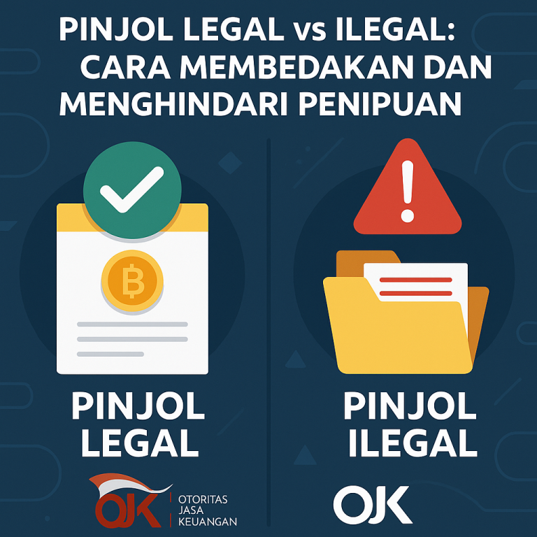Ilustrasi perbandingan pinjol legal dengan simbol OJK dan dokumen resmi berwarna hijau, versus pinjol ilegal dengan tanda bahaya dan warna merah gelap.
