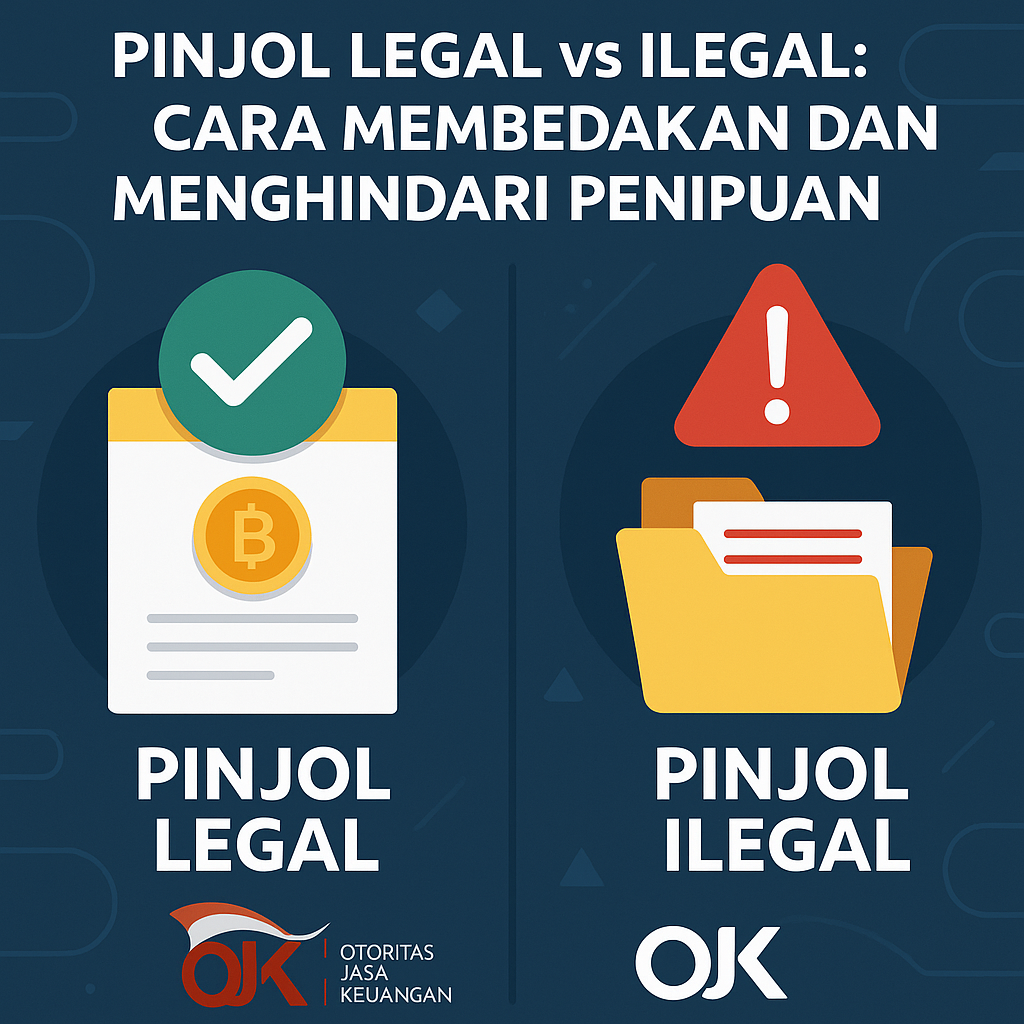 Ilustrasi perbandingan pinjol legal dengan simbol OJK dan dokumen resmi berwarna hijau, versus pinjol ilegal dengan tanda bahaya dan warna merah gelap.