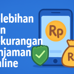 Kelebihan dan Kekurangan Pinjaman Online" di latar belakang biru, menampilkan ponsel dengan simbol Rupiah, tas uang, ikon centang hijau, dan dokumen.