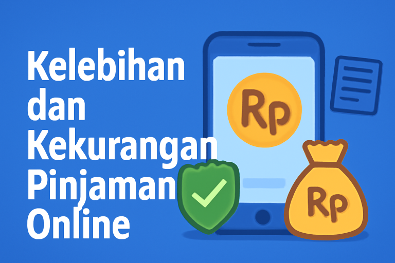 Kelebihan dan Kekurangan Pinjaman Online" di latar belakang biru, menampilkan ponsel dengan simbol Rupiah, tas uang, ikon centang hijau, dan dokumen.