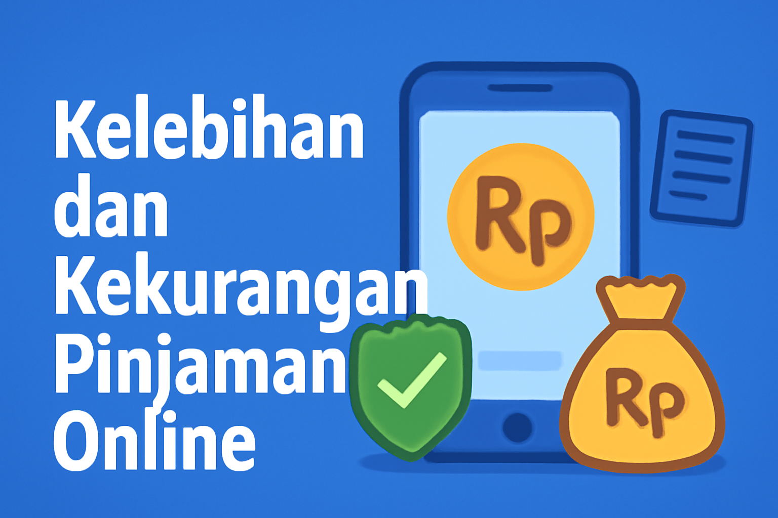 Kelebihan dan Kekurangan Pinjaman Online" di latar belakang biru, menampilkan ponsel dengan simbol Rupiah, tas uang, ikon centang hijau, dan dokumen.