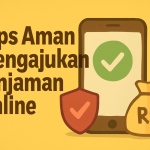 Tips Aman Mengajukan Pinjaman Online" di latar belakang kuning, menampilkan ponsel dengan tanda centang hijau, tas uang, perisai merah dengan centang, dan ikon dokumen.