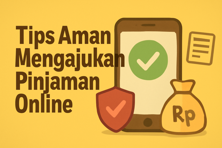 Tips Aman Mengajukan Pinjaman Online" di latar belakang kuning, menampilkan ponsel dengan tanda centang hijau, tas uang, perisai merah dengan centang, dan ikon dokumen.