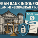 Ilustrasi Bank Indonesia mengawasi pinjaman online dengan simbol hukum dan teknologi finansial.