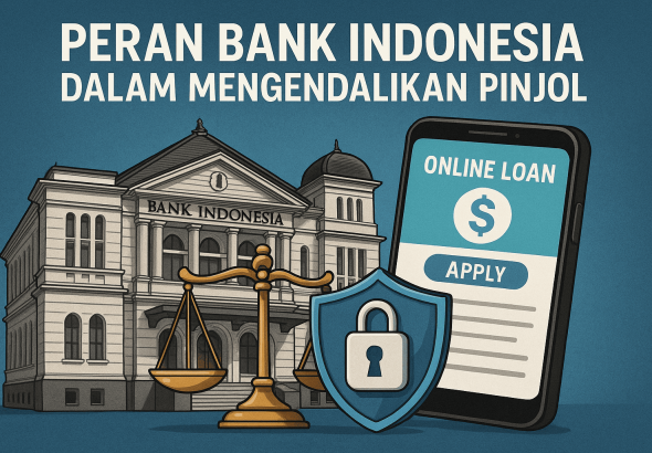 Ilustrasi Bank Indonesia mengawasi pinjaman online dengan simbol hukum dan teknologi finansial.