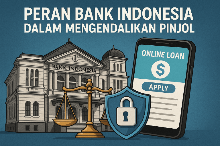 Ilustrasi Bank Indonesia mengawasi pinjaman online dengan simbol hukum dan teknologi finansial.