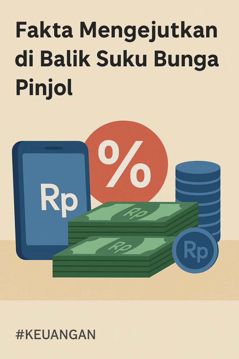 Ilustrasi digital pinjaman online dengan simbol Rupiah, tanda persen, dan tumpukan uang, menggambarkan tingginya suku bunga pinjol.
