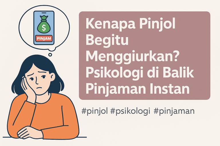 Ilustrasi digital seorang wanita muda terlihat bingung dengan balon pikiran bergambar aplikasi pinjaman online, menggambarkan psikologi di balik godaan pinjol instan.