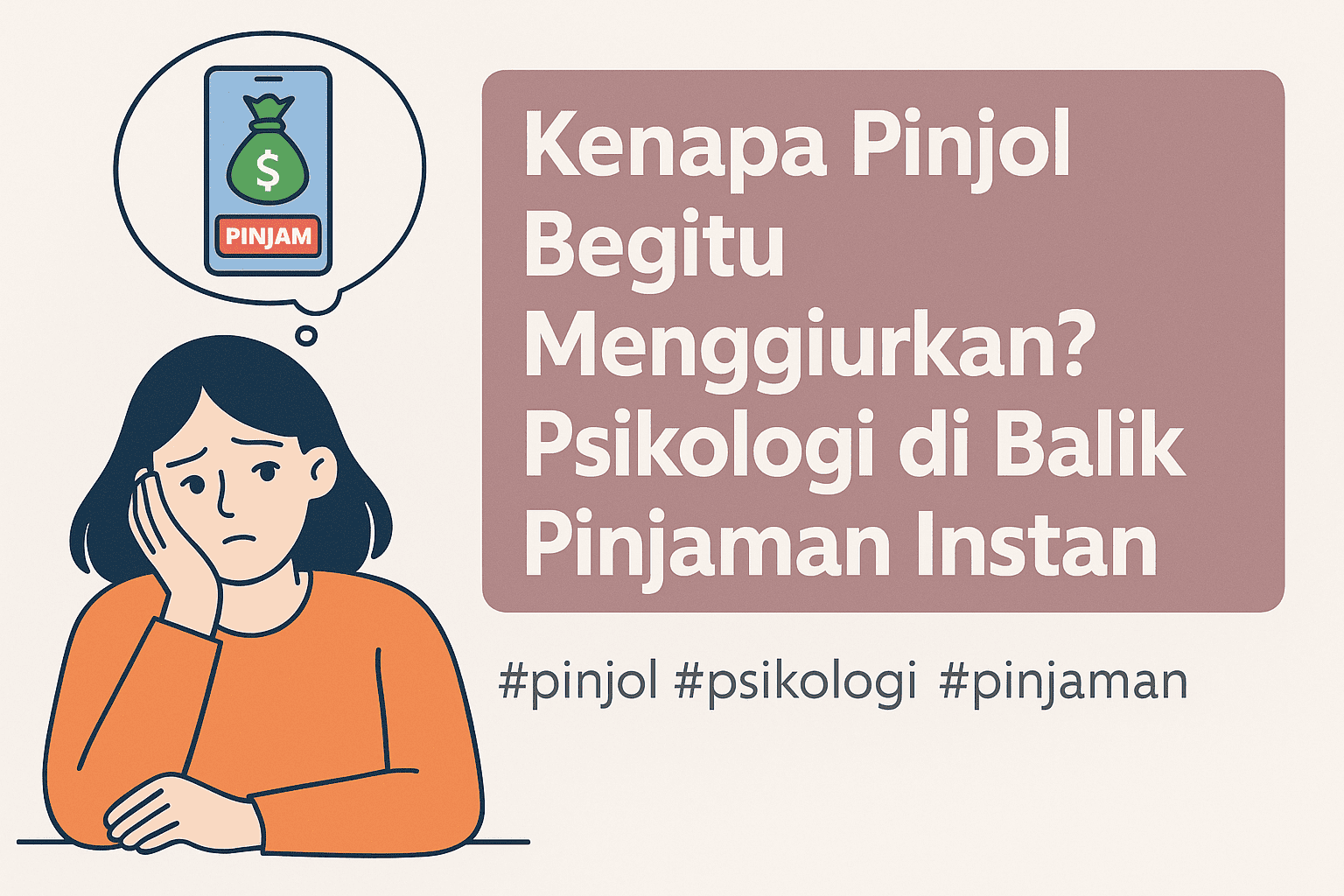 Ilustrasi digital seorang wanita muda terlihat bingung dengan balon pikiran bergambar aplikasi pinjaman online, menggambarkan psikologi di balik godaan pinjol instan.