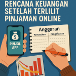 Ilustrasi seseorang mengatur keuangan setelah terlilit pinjaman online dengan catatan anggaran dan grafik keuangan.