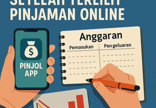 Ilustrasi seseorang mengatur keuangan setelah terlilit pinjaman online dengan catatan anggaran dan grafik keuangan.