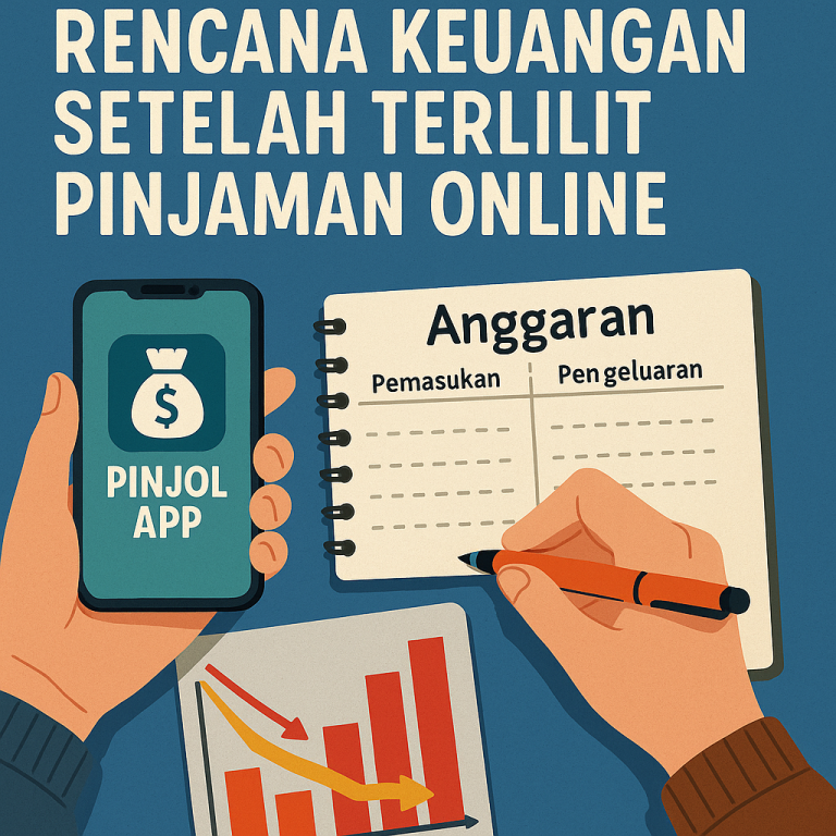 Ilustrasi seseorang mengatur keuangan setelah terlilit pinjaman online dengan catatan anggaran dan grafik keuangan.