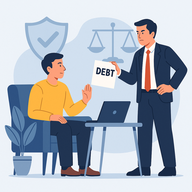 Flat-style digital illustration menunjukkan seorang pria duduk tenang menghadapi debt collector yang membawa dokumen bertuliskan “DEBT”, dengan latar simbol timbangan hukum dan ikon perisai sebagai perlindungan.