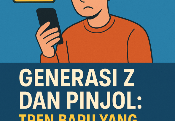 Ilustrasi digital menampilkan seorang anak muda Gen Z dengan ekspresi khawatir melihat smartphone, dikelilingi ikon dompet, tanda peringatan, dan simbol larangan, melambangkan risiko pinjaman online (pinjol).