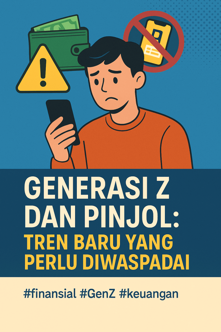 Ilustrasi digital menampilkan seorang anak muda Gen Z dengan ekspresi khawatir melihat smartphone, dikelilingi ikon dompet, tanda peringatan, dan simbol larangan, melambangkan risiko pinjaman online (pinjol).