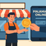 Ilustrasi digital flat-style menampilkan pemilik toko kecil di depan usahanya menerima koin dengan simbol rupiah dari aplikasi pinjaman online di smartphone.