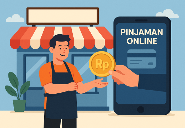 Ilustrasi digital flat-style menampilkan pemilik toko kecil di depan usahanya menerima koin dengan simbol rupiah dari aplikasi pinjaman online di smartphone.