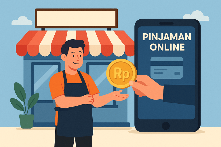 Ilustrasi digital flat-style menampilkan pemilik toko kecil di depan usahanya menerima koin dengan simbol rupiah dari aplikasi pinjaman online di smartphone.