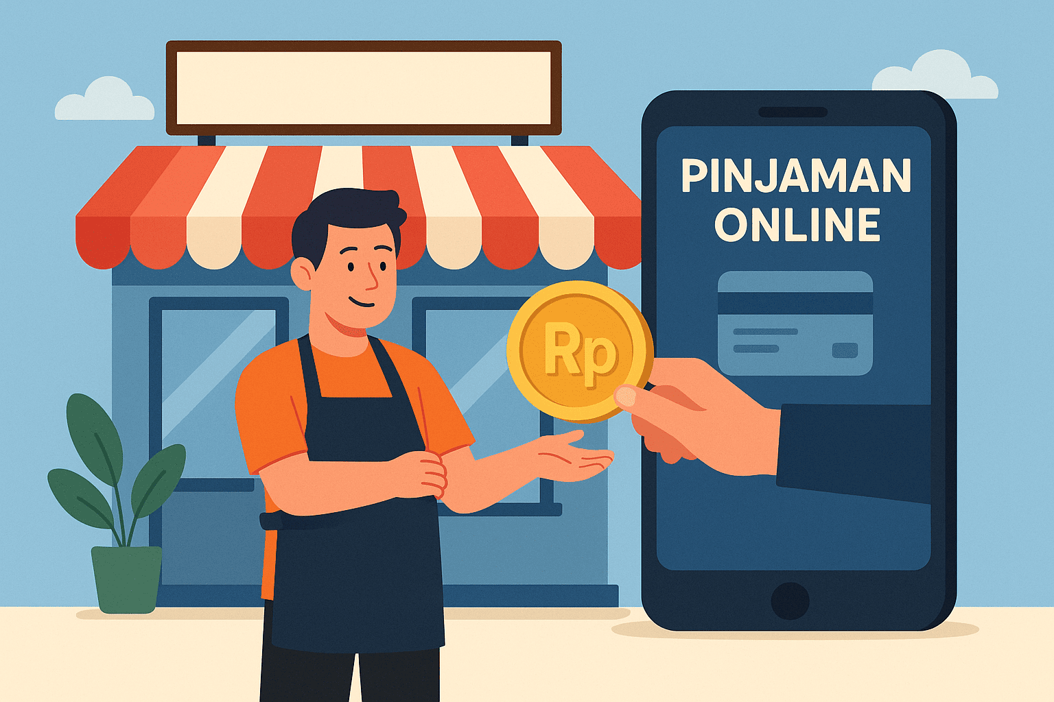 Ilustrasi digital flat-style menampilkan pemilik toko kecil di depan usahanya menerima koin dengan simbol rupiah dari aplikasi pinjaman online di smartphone.