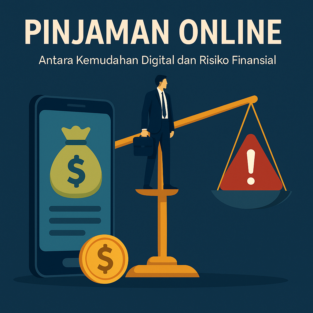 Ilustrasi digital menampilkan smartphone dengan ikon uang, seorang pria berdiri di atas timbangan emas, satu sisi mewakili kemudahan pinjaman online dan sisi lain menunjukkan tanda peringatan risiko finansial.
