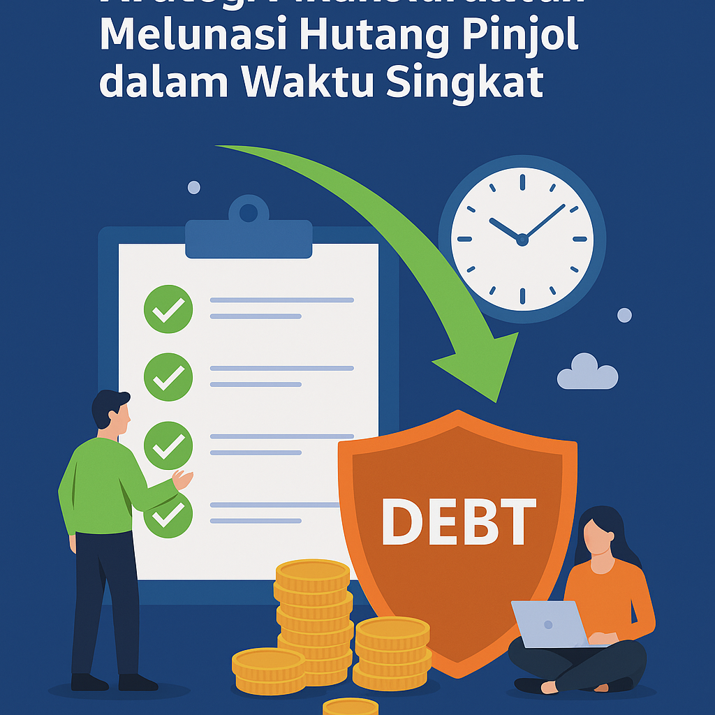 Ilustrasi strategi finansial untuk melunasi hutang pinjol, menampilkan simbol perisai dengan tulisan 'Debt', koin emas, jam, serta orang yang menyusun checklist dan bekerja dengan laptop.