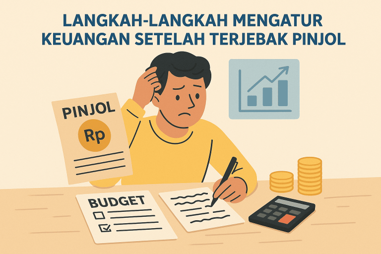 Ilustrasi seseorang mengatur keuangan setelah terjebak pinjaman online dengan catatan anggaran dan kalkulator.