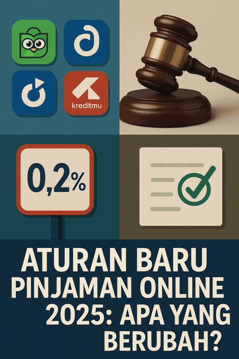 Ilustrasi regulasi baru pinjaman online tahun 2025 dengan simbol hukum dan aplikasi fintech.