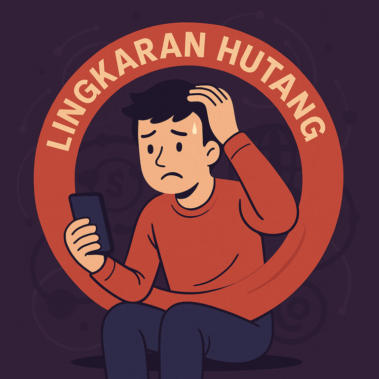 Ilustrasi seorang pria muda terjebak dalam lingkaran hutang, terlihat gelisah sambil memegang ponsel dengan latar tulisan “Lingkaran Hutang”.