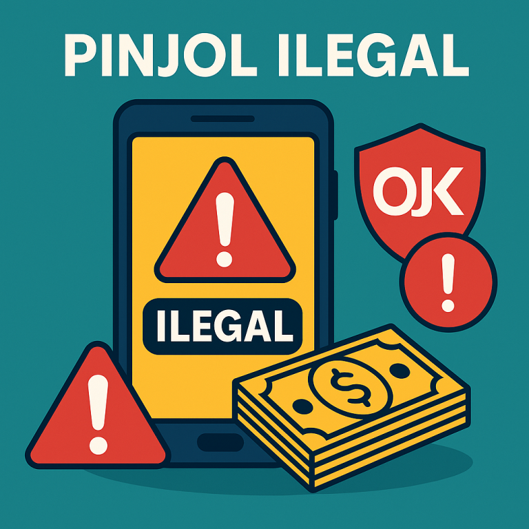 pinjol ilegal menampilkan ilustrasi flat-style dengan smartphone bertuliskan ILEGAL, simbol peringatan segitiga merah, tumpukan uang, dan logo OJK sebagai pengingat bahaya pinjaman online ilegal di Indonesia.
