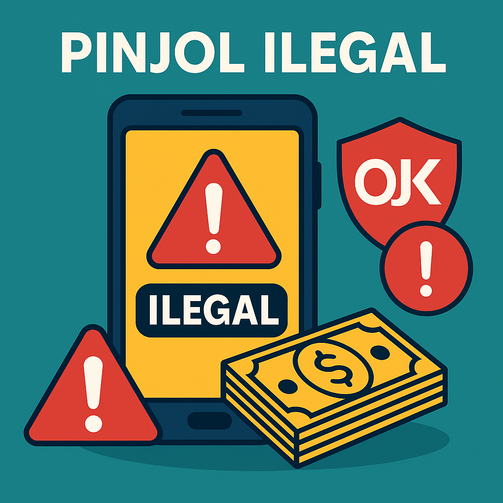 pinjol ilegal menampilkan ilustrasi flat-style dengan smartphone bertuliskan ILEGAL, simbol peringatan segitiga merah, tumpukan uang, dan logo OJK sebagai pengingat bahaya pinjaman online ilegal di Indonesia.