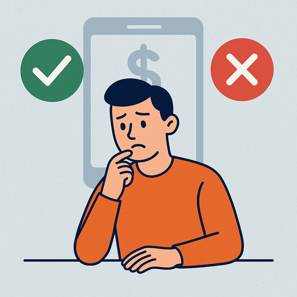 Ilustrasi seseorang mempertimbangkan pinjaman online darurat dengan pilihan tanda hijau (boleh) dan tanda merah