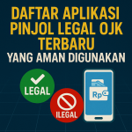 enampilkan smartphone dengan simbol rupiah, badge LEGAL berwarna hijau, badge ILEGAL berwarna merah, dan teks besar berbahasa Indonesia.