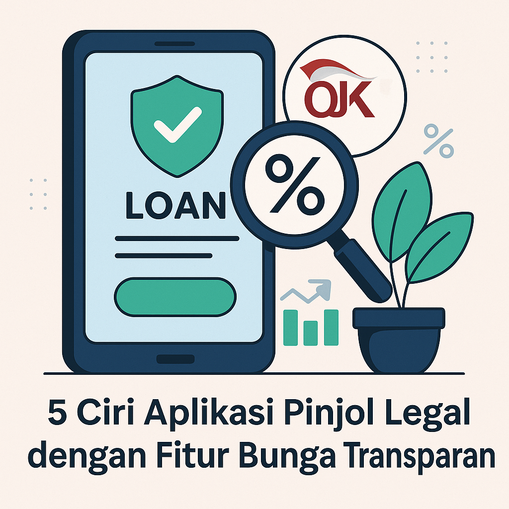 Ilustrasi aplikasi pinjol legal dengan bunga transparan, ditampilkan dengan ikon smartphone, grafik bunga, dan logo OJK.