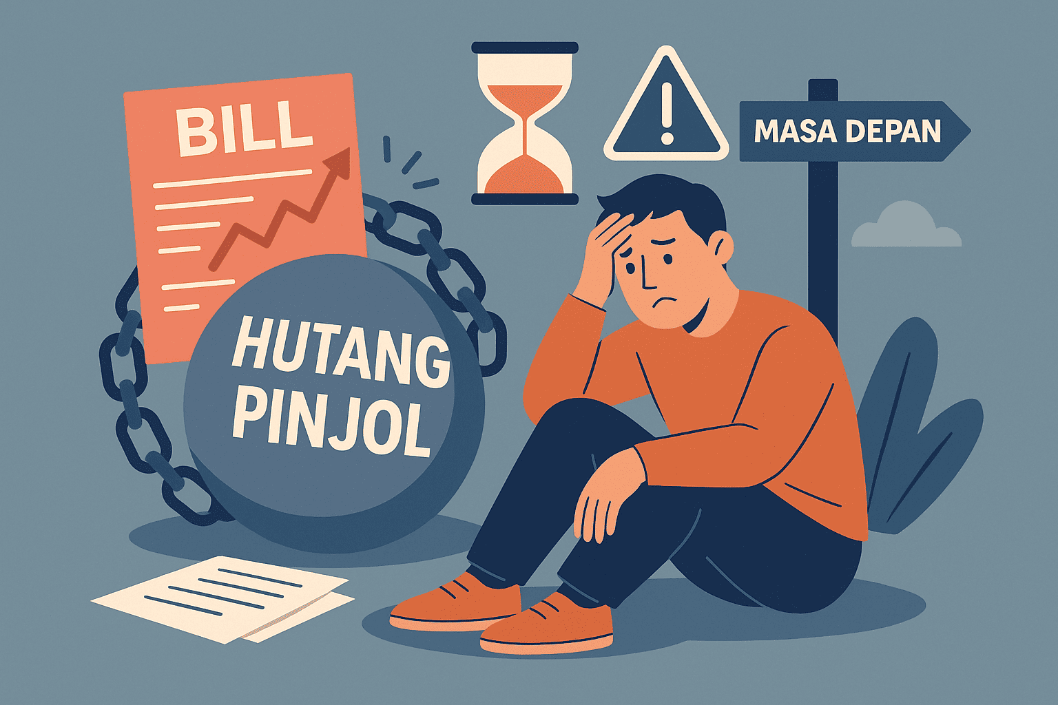 Ilustrasi seseorang terjebak hutang pinjol dengan tumpukan tagihan, dikelilingi simbol jam dan masa depan yang terhambat.