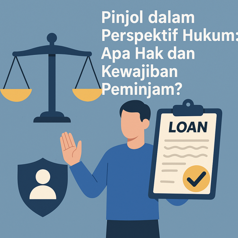 Ilustrasi hukum pinjol dengan simbol keadilan, kontrak pinjaman, dan perlindungan konsumen.