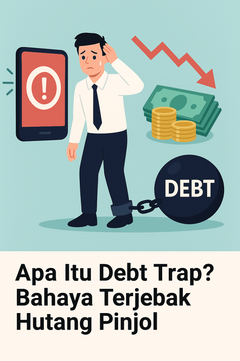 Ilustrasi seseorang terjebak jerat hutang dengan bola rantai bertuliskan debt, smartphone pinjol, dan simbol keuangan merah menurun.