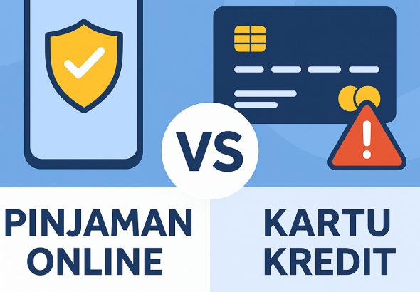 Infografis digital flat-style membandingkan pinjaman online dan kartu kredit. Di sisi kiri terlihat smartphone dengan ikon perisai kuning, di sisi kanan kartu kredit dengan tanda peringatan merah, dipisahkan lingkaran bertuliskan “VS”.