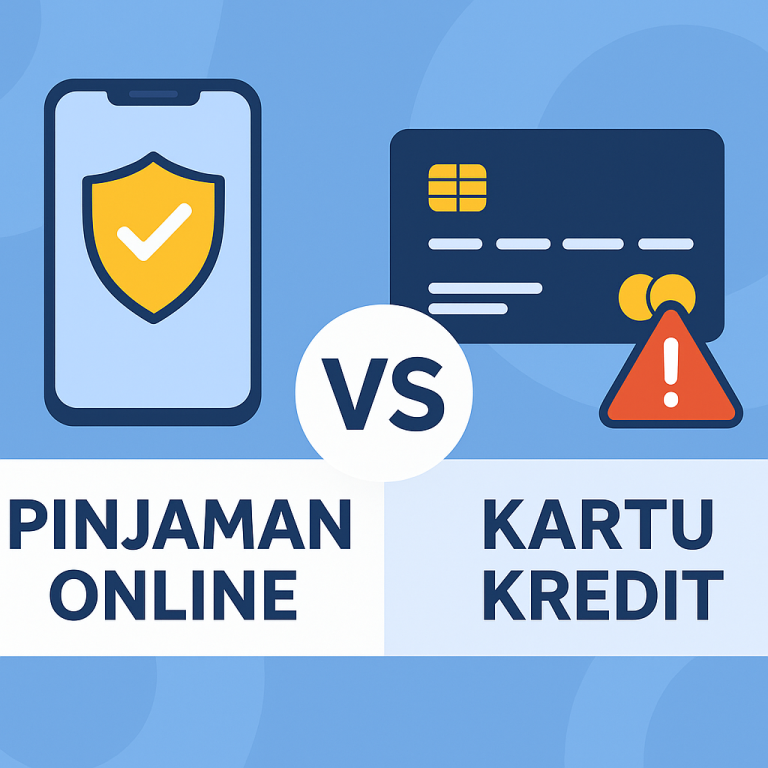 Infografis digital flat-style membandingkan pinjaman online dan kartu kredit. Di sisi kiri terlihat smartphone dengan ikon perisai kuning, di sisi kanan kartu kredit dengan tanda peringatan merah, dipisahkan lingkaran bertuliskan “VS”.